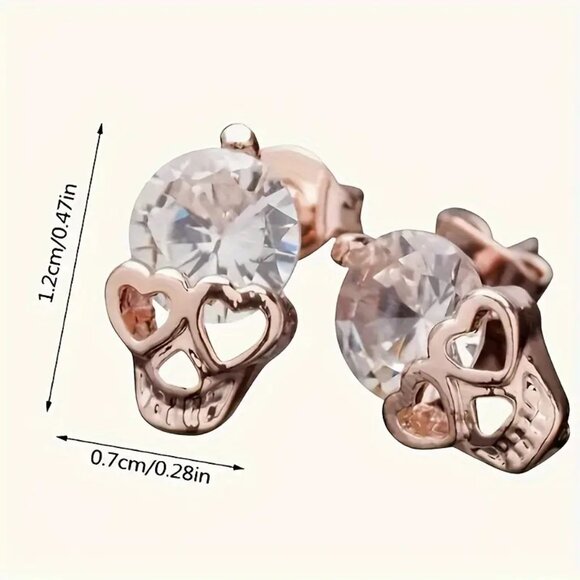 NEW Cubic Zirconia Stud Earrings Sugar Skull Heart Eyes - Picture 2 of 2